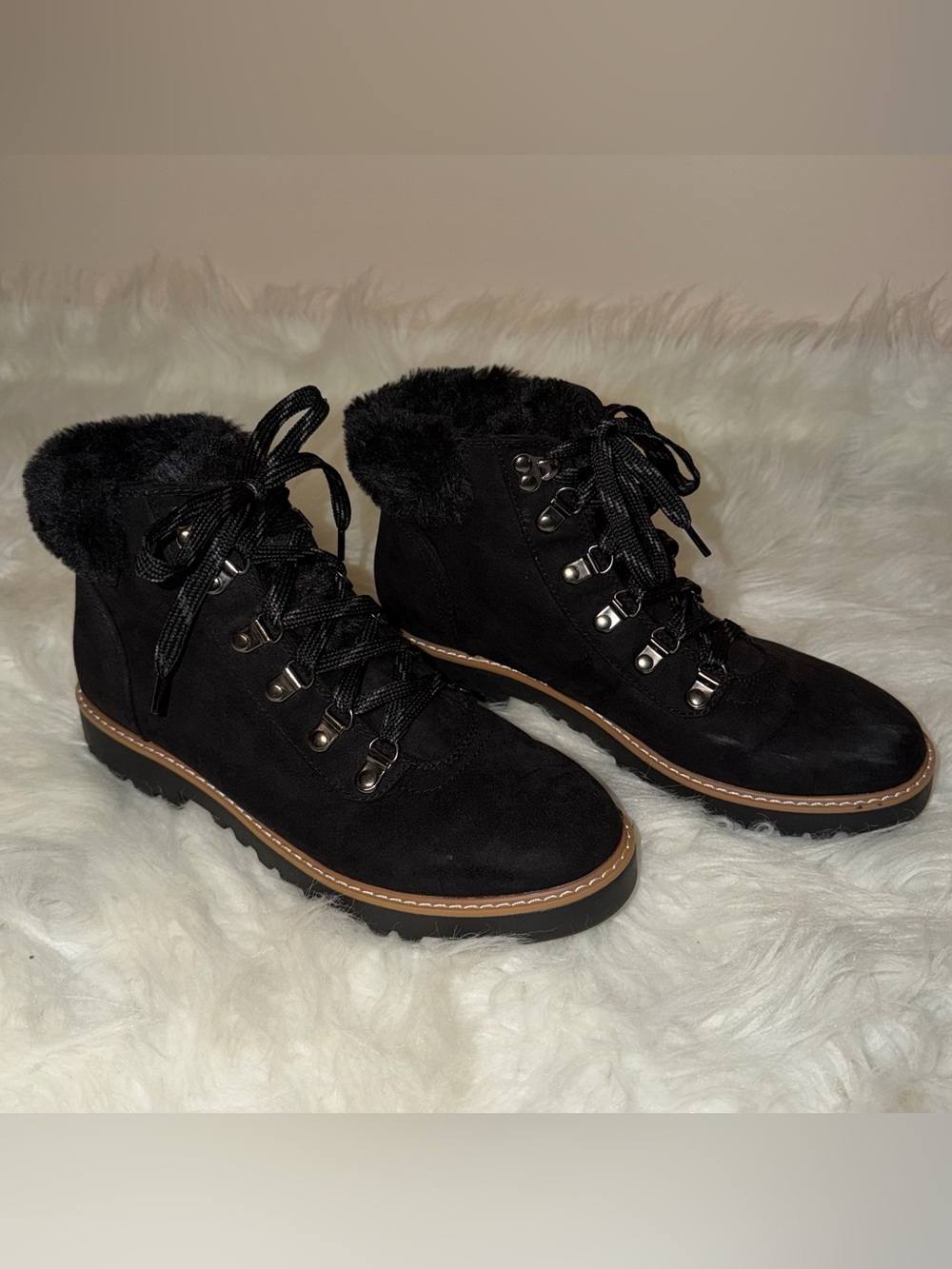 a.n.a Black Lace-Up Faux-Fur Collar Winter Boots